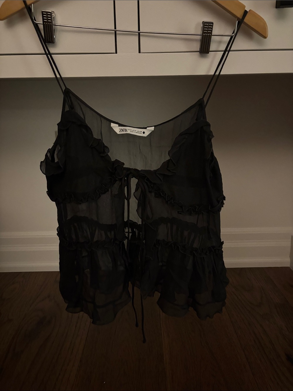 ZARA Black Sheer Ruffle Tie-Front Camisole